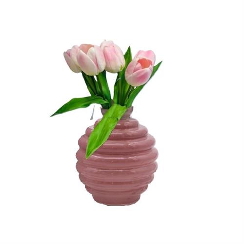 Vaso tondo ondulato rosa con tulipani (a parte)