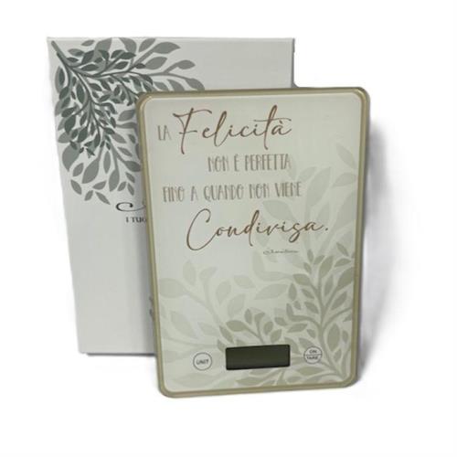 Bilancia in vetro rettangolare fantasia e frase La felicità...