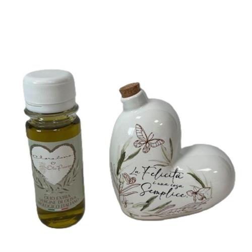 Oliera a forma di cuore con decoro foglie e fraseLa felicità è una...