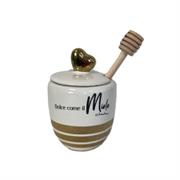 Barattolo dorato c/bastoncino per il miele, frase Dolce come il miele