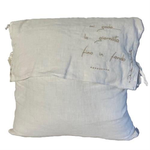 Federa in lino con laccetti e frase ricamata beige