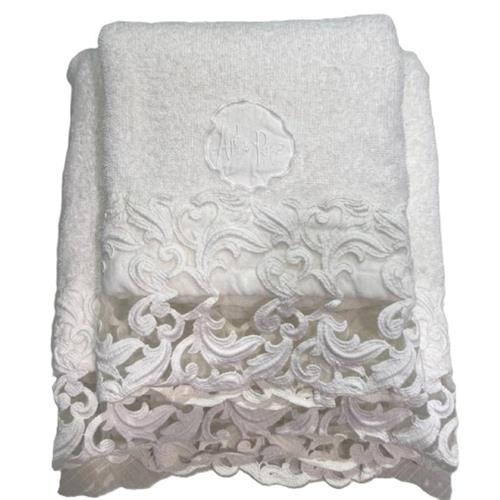 Set asciugamani viso e ospite in spugna con pizzo farnese bianco AP