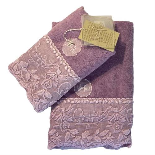 Set asciugamani viso e ospite in spugna con ricamo petalo Glicine AP
