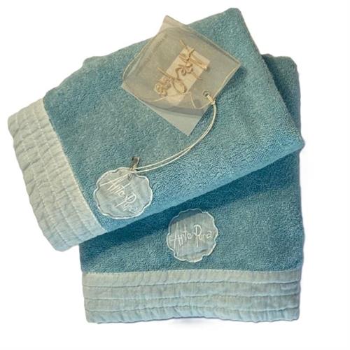 Set asciugamani viso e ospite in spugna con bordo in lino Vita old AP