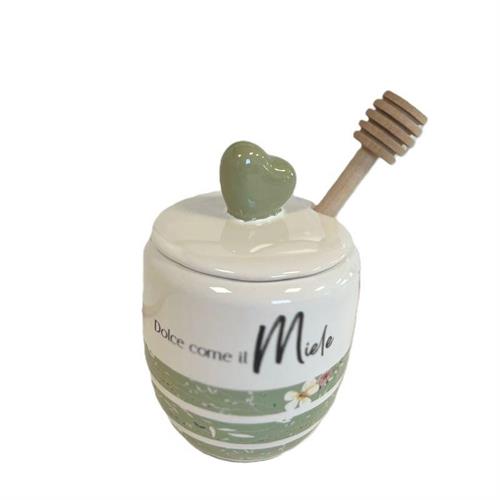 Barattolo verde c/miele e bastoncino,fraseDolce come il miele