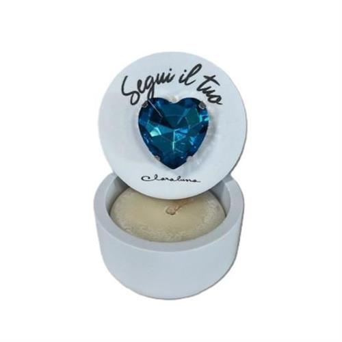 Scatolina in gesso c/candela e cuore azzurro, frase Segui il tuo...