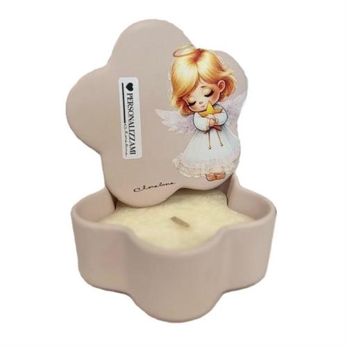 Scatolina in ceramica rosa con candela profumata, deco angioletto bimba