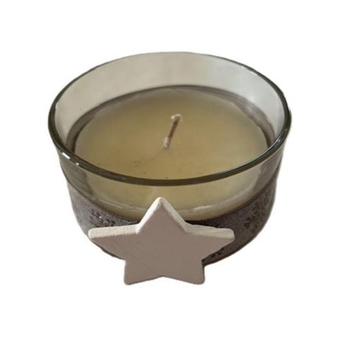 Vaso piccolo tondo con candela profumata e stellina in legno