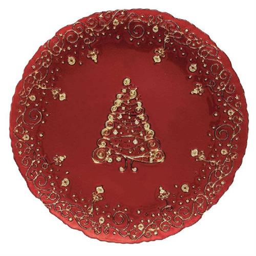 Piatto vetro rosso decoro albero oro