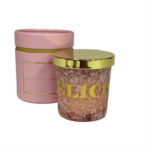 Candela in vaso vetro con scritta Felicità