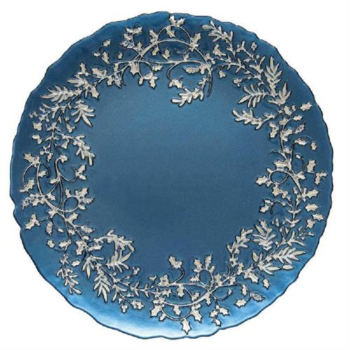 Piatto vetro blu con decorazione argento nel contorno