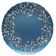 Piatto vetro blu con decorazione argento nel contorno