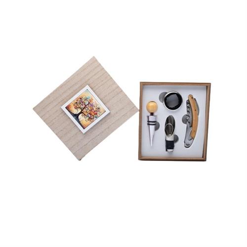 Scatola in legno decoro albero della vita con attrezzi vino