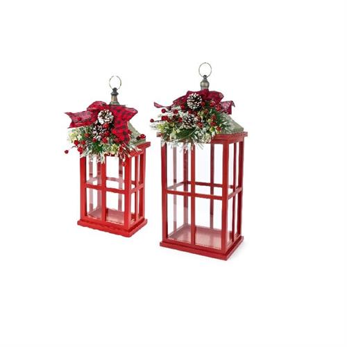 Set Lenterne in legno rosso con decoro Pino Nuvole di Stoffa