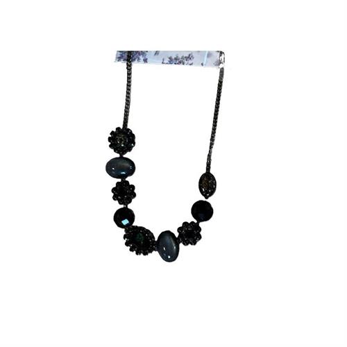 Collana vittoriana con fiore strass nero e pietra grigia
