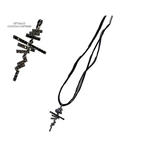 Collana vittorina cordino velluto nero e grigio con croce di strass