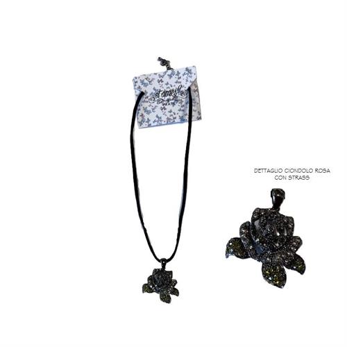 Collana vittoriana cordino in velluto nero e rosa con strass