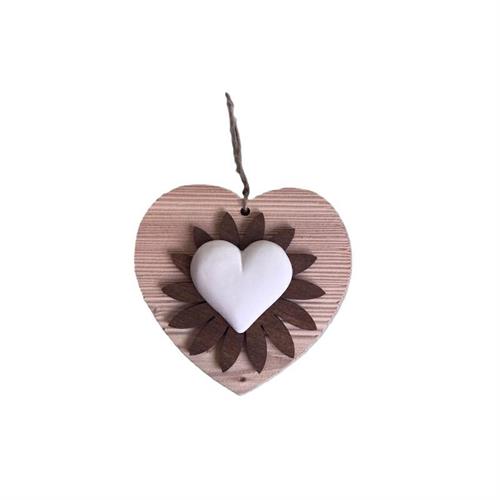 Cuore in legno da appendere con fiore legno e cuore gesso
