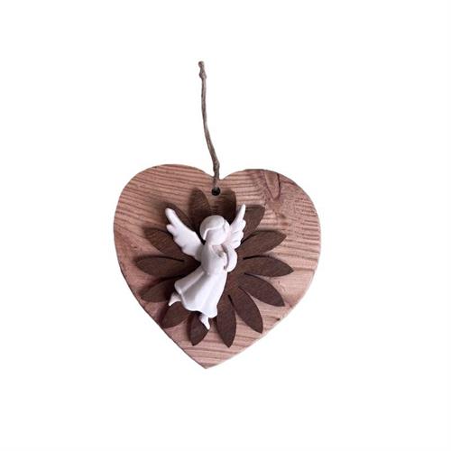 Cuore in legno da appendere con fiore legno e angelo gesso