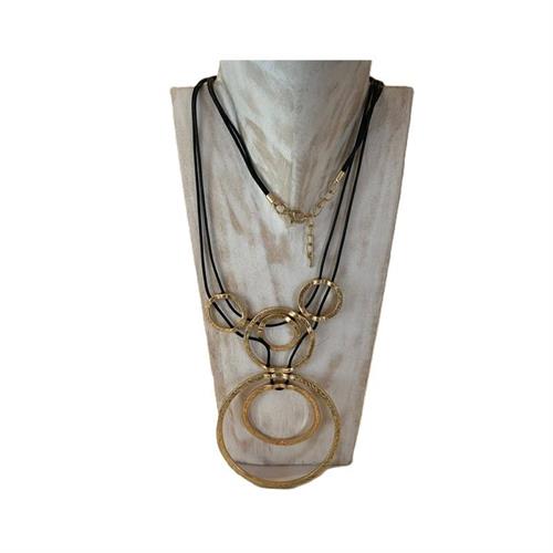 Collana lunga in cordino nero con cerchi gold