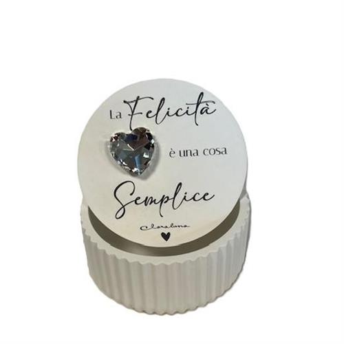 Scatola gesso con cuore silver e frase La felicità è una cosa semplice