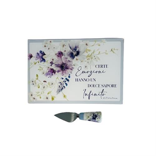 Tagliere in vetro decoro floreale lilla c/coltellino