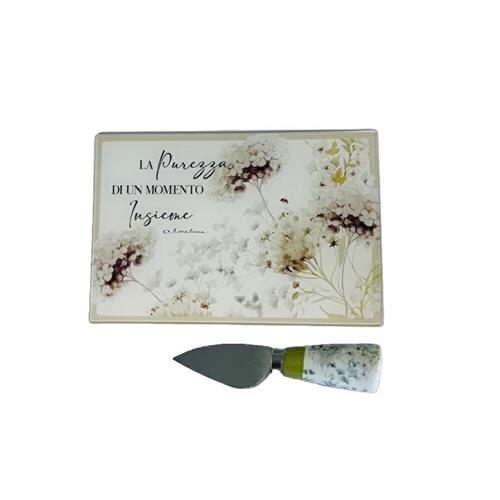 Tagliere in vetro decoro floreale verde con coltellino
