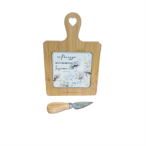 Tagliere in bamboo con decoro floreale verde c/coltellino