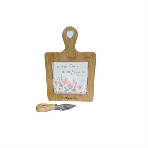 Tagliere in bamboo decoro floreale rosa c/coltellino