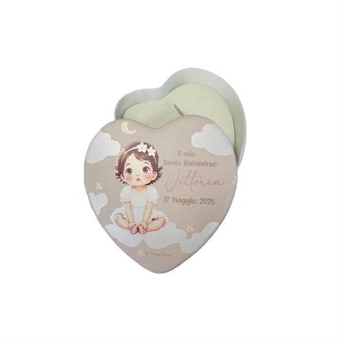 Scatolina in ceramica cuore Battesimo bimba con candela, personalizz.