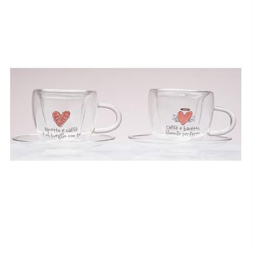 Coppia tazzine con piattino in vetro Cuoricini