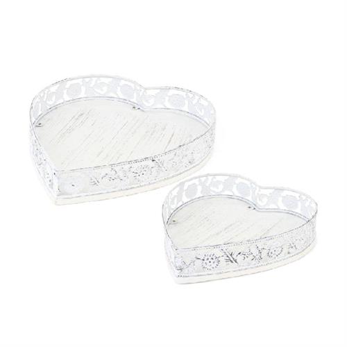 Set 2 vassoi a cuore in legno e metallo bianco