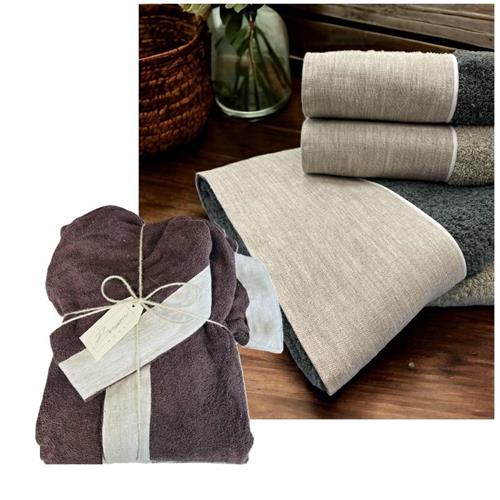 Accappatoio Firenze in spugna cioccolato con bordo in lino TG.XL
